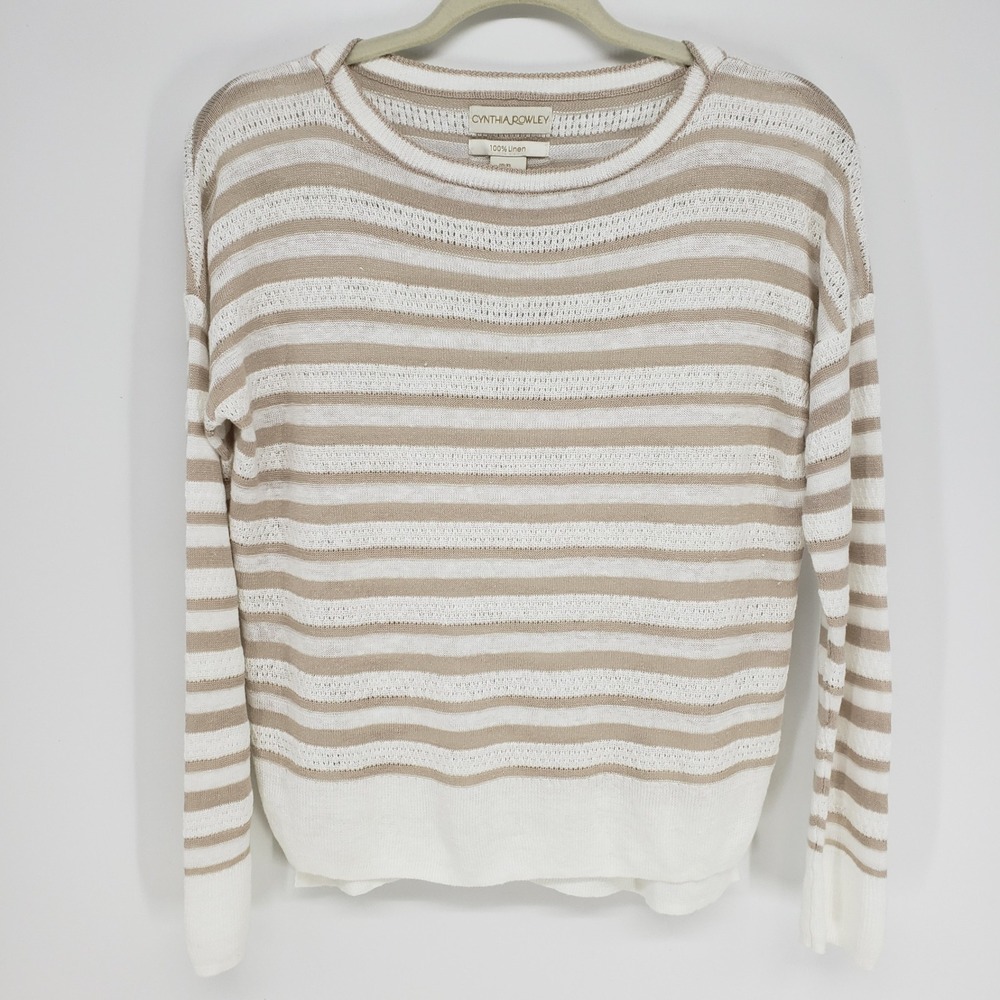 Cynthia Rowley Striped 100% Linen Sweater Womens XS Tan White Open Knit Pullover